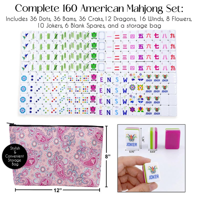 May include: Complete 160 American Mahjong set with tiles and a storage bag. The set includes 36 dots, 36 bams, 36 craks, 12 dragons, 16 winds, 8 flowers, 10 jokers, and 6 blank spares. The storage bag is 30 cm wide and 20 cm tall.