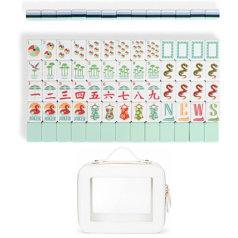 May include: A set of white mahjong tiles featuring colorful summer-themed illustrations including beach balls, palm trees, dragons, umbrellas, swimsuits, and the word NEWS, accompanied by a white carrying case with a clear rectangular window.