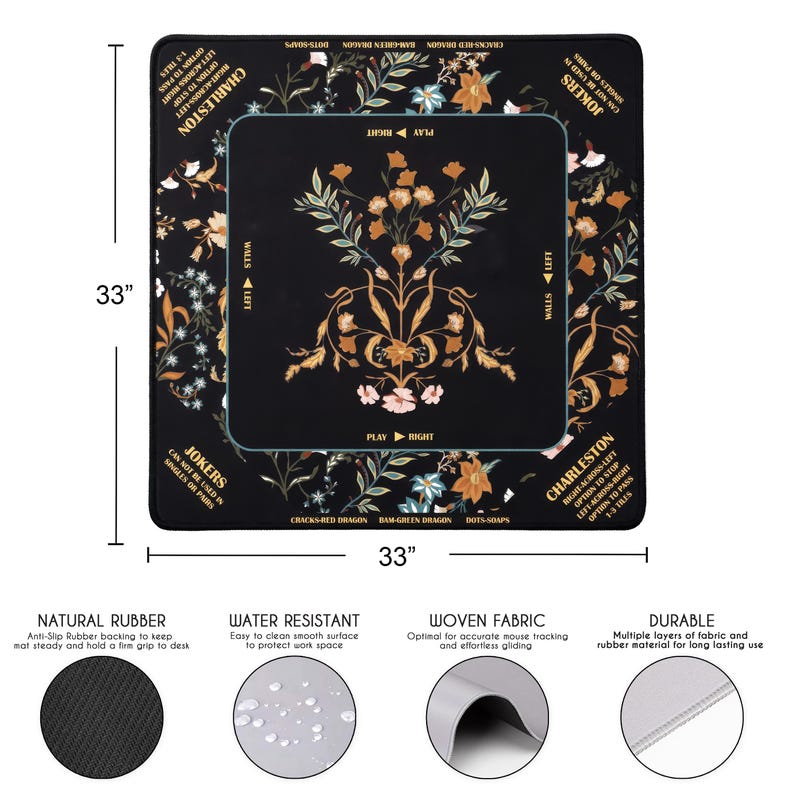 May include: A square 33-inch by 33-inch black game mat featuring a central floral design in orange, white, and green. The border includes text for Charleston and Jokers rules. The mat has a natural rubber backing, water-resistant surface, and woven fabric top layer for durability.