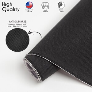 May include: A black desk mat with a textured surface and stitched edges. The image includes text stating High Quality, Designed In The USA, Small Business, Women Owned, and ANTI-SLIP BASE Prevents slipping and keeps desk mat in place.