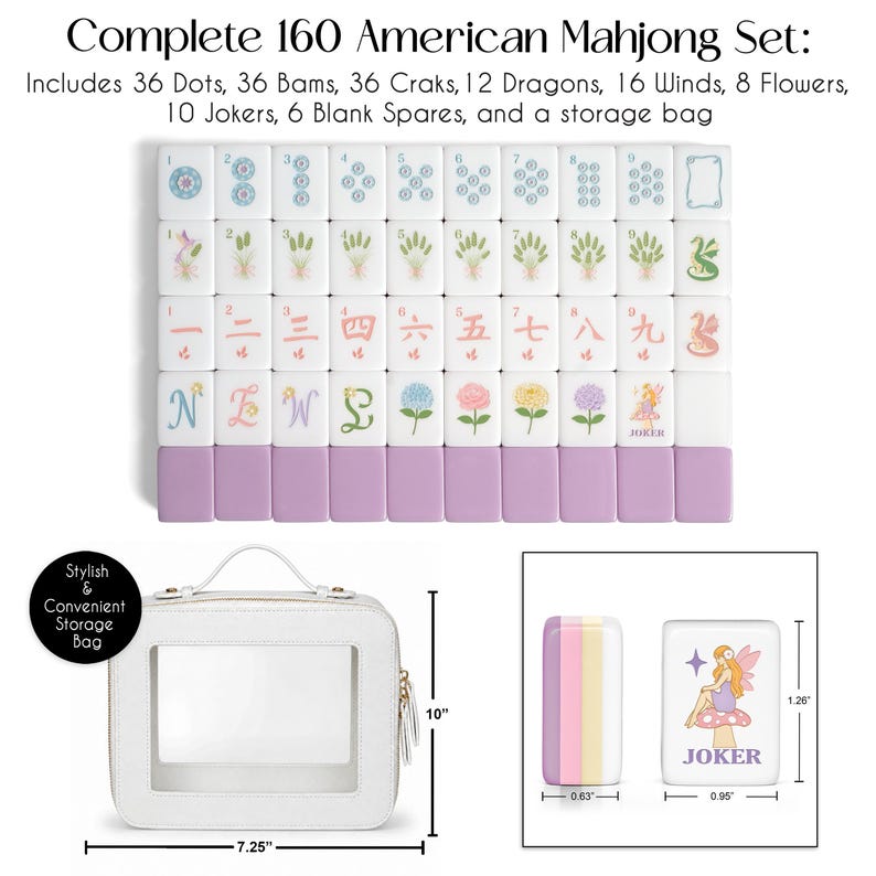 May include: A 160-piece American Mahjong set with white tiles featuring colorful floral, numerical, and character designs, plus lavender backs. Includes a white storage bag measuring 7.25 inches by 10 inches and tiles measuring 0.95 by 1.26 inches.