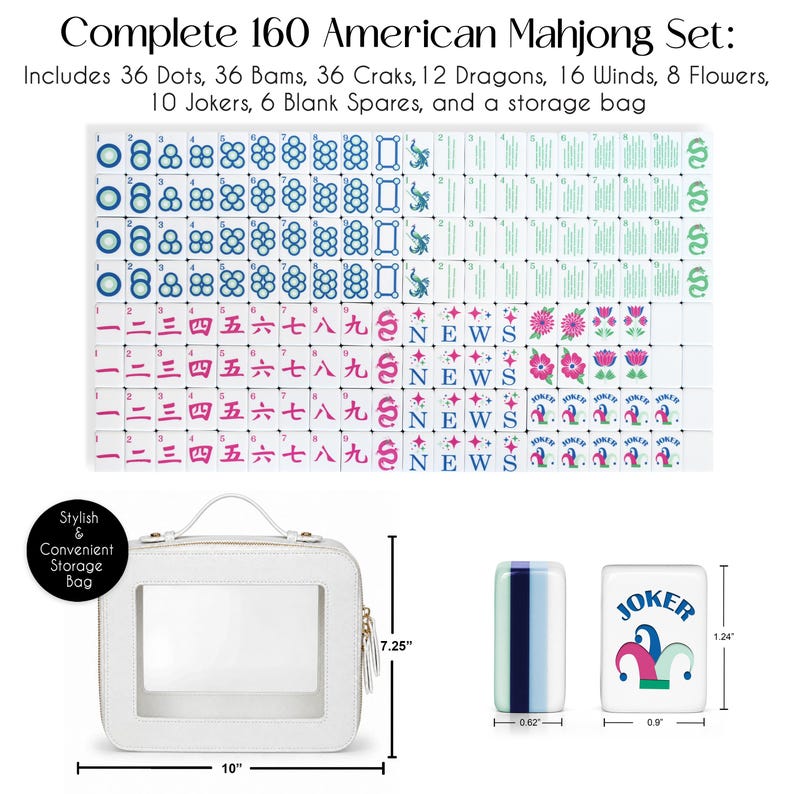 Puede incluir: Un juego completo de 160 piezas de Mahjong americano con fichas de puntos, bams, craks, dragones, vientos, flores y comodines. Incluye una bolsa de almacenamiento blanca de 25,4 cm por 18,4 cm y fichas individuales de 3,15 cm por 2,29 cm.