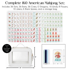 May include: A complete 160-piece American Mahjong set featuring white tiles with colorful illustrations of dots, bams, craks, dragons, winds, flowers, and jokers. Includes a white storage bag measuring 10 inches by 7.25 inches and two sample tiles.