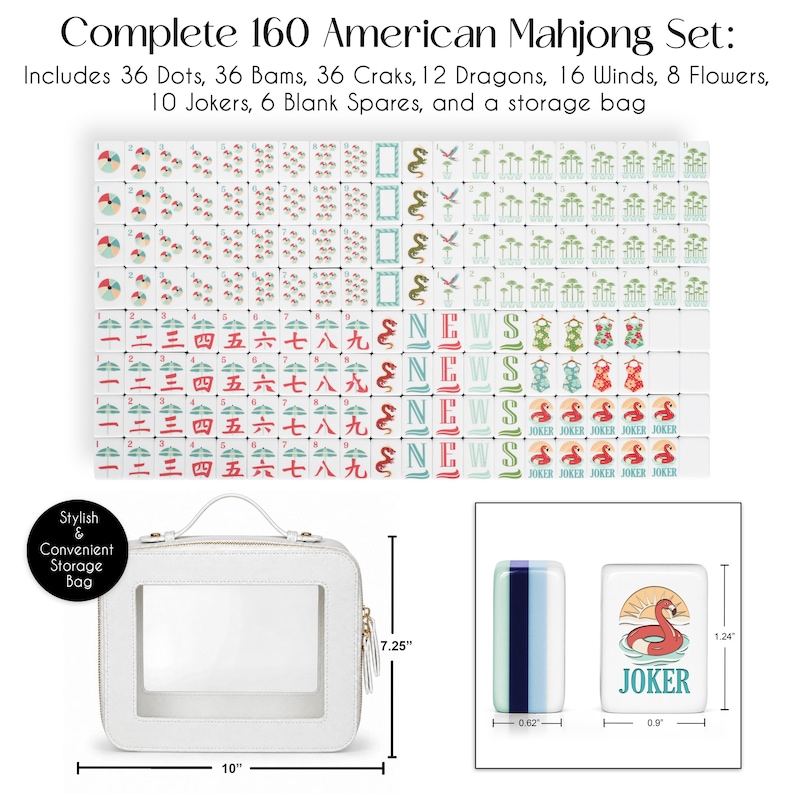 May include: A complete 160-piece American Mahjong set featuring white tiles with colorful illustrations of dots, bams, craks, dragons, winds, flowers, and jokers. Includes a white storage bag measuring 10 inches by 7.25 inches and two sample tiles.