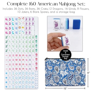 May include: Complete 160 American Mahjong Set. The set includes 36 Dots, 36 Bams, 36 Craks, 12 Dragons, 16 Winds, 8 Flowers, 10 Jokers, 6 Blank Spares, and a storage bag. The storage bag is 12 inches wide and 8 inches tall.