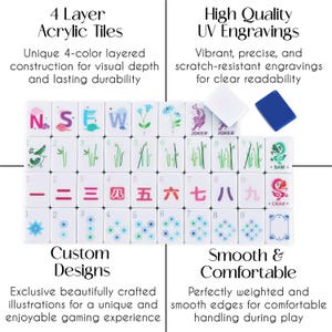 May include: A set of white acrylic Mahjong tiles with colorful illustrations and Chinese characters. The tiles feature the text "4 Layer Acrylic Tiles", "High Quality UV Engravings", "Custom Designs", and "Smooth & Comfortable".