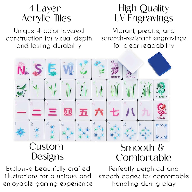 May include: A set of white acrylic Mahjong tiles with colorful illustrations and Chinese characters. The tiles feature the text "4 Layer Acrylic Tiles", "High Quality UV Engravings", "Custom Designs", and "Smooth & Comfortable".