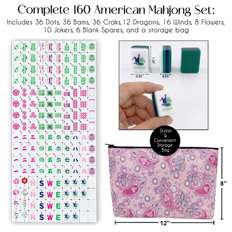 Puede incluir: Juego completo de Mahjong americano de 160 piezas. El juego incluye 36 puntos, 36 Bams, 36 Craks, 12 Dragones, 16 Vientos, 8 Flores, 10 Comodines, 6 repuestos en blanco y una bolsa de almacenamiento. La bolsa mide 30.48 cm de ancho y 20.32 cm de alto.