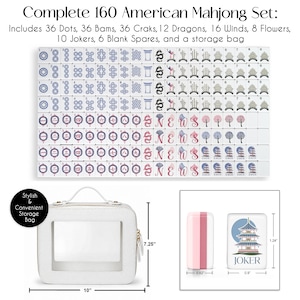 May include: A complete 160-piece American Mahjong set featuring tiles with dots, bams, craks, dragons, winds, flowers, jokers, and blank spares. Includes a white storage bag measuring 10 inches by 7.25 inches and tiles measuring 1.24 by 0.9 inches.