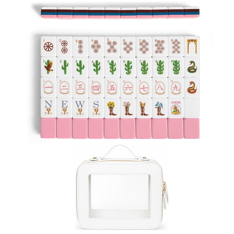 May include: A set of white mahjong tiles with pink backs, featuring colorful illustrations of cacti, snakes, boots, flowers, and Chinese numerals. The tiles are arranged in rows and columns, accompanied by a white square carrying case with a clear window.