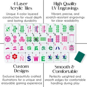 Puede incluir: Un juego de fichas de Mahjong de acr&iacute;lico blanco con s&iacute;mbolos y n&uacute;meros coloridos. Las fichas presentan dise&ntilde;os &uacute;nicos, incluyendo flores, bamb&uacute; y dragones. El texto de la imagen dice "4 Layer Acrylic Tiles" y "Custom Designs".