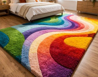 Hand Tufted Rainbow Wave Plush Rug | Modern Boho Abstract Carpet