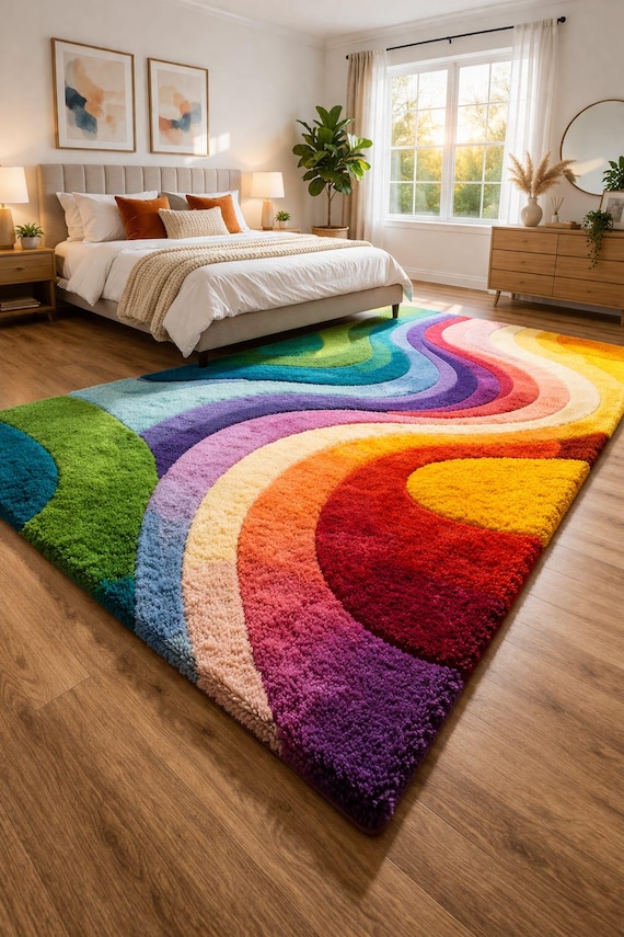 Hand Tufted Rainbow Wave Plush Rug | Modern Boho Abstract Carpet