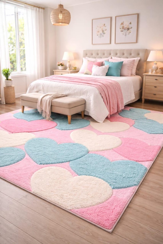 Pastel Heart Plush Rug | Pink Blue Off-White Nursery Playroom Decor