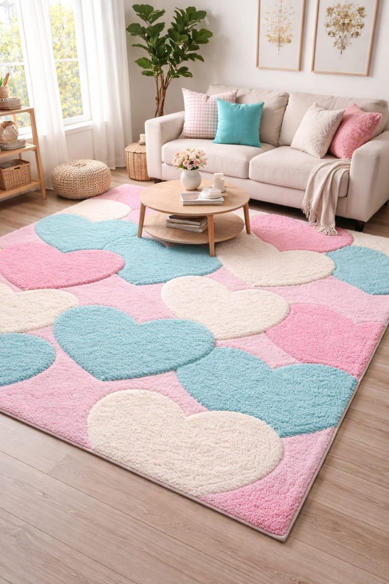 May include: A rectangular area rug with a pink background and large heart shapes in light blue and white. The rug is in a living room setting with a sofa, coffee table, and decorative items.