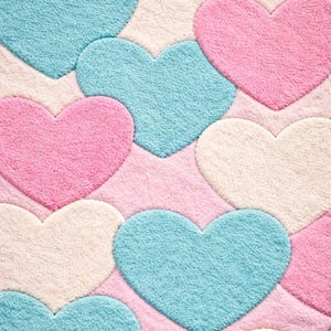 May include: A plush rug featuring a pattern of large, heart-shaped designs. The hearts are in shades of pink, light blue, and off-white, set against a pink background. The rug has a soft, textured appearance.