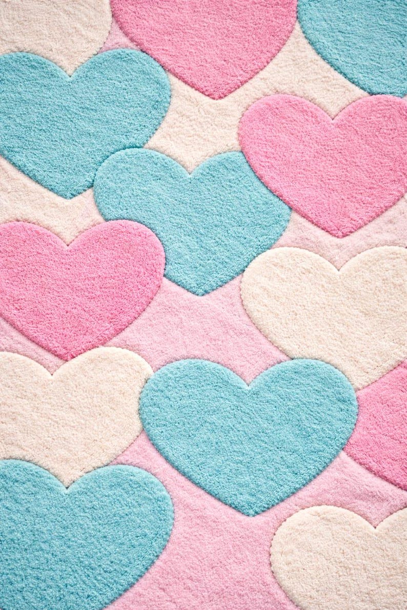 May include: A plush rug featuring a pattern of large, heart-shaped designs. The hearts are in shades of pink, light blue, and off-white, set against a pink background. The rug has a soft, textured appearance.