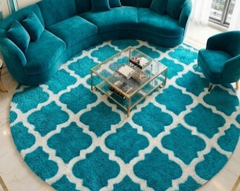 Tapis rond turquoise à motif treillis, 183 cm, tapis marocain tufté à motif treillis, tapis de chambre d'enfant turquoise en peluche, tapis rond moderne, tapis d'entrée rond en laine