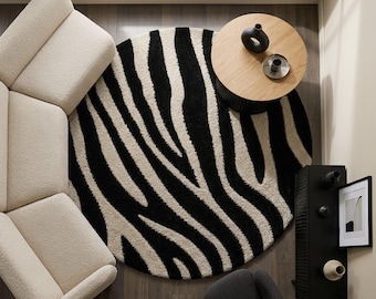 Hand Tufted Zebra Print Round Rug, Luxury Black Beige Woolen Carpet