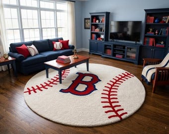 Baseball Round Rug, Boston Sports Room Decor, Tufted Kids Bedroom Carpet