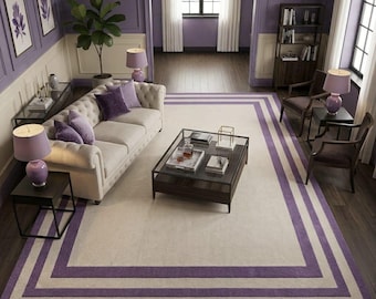 Handmade Wool Area Rug, Purple Border, Off White Center, Minimalist Living Room Carpet