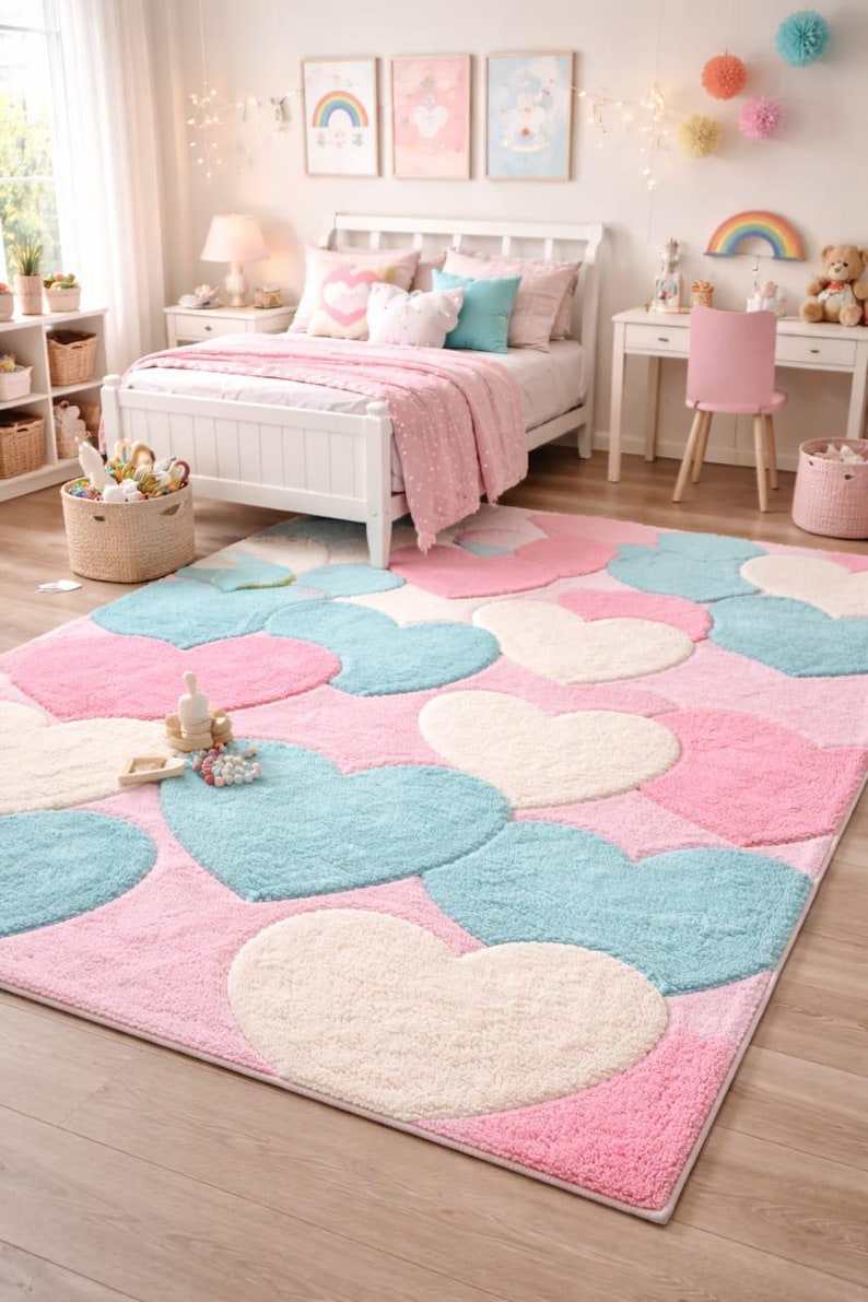 May include: A pink, blue, and white heart-shaped rug in a bedroom setting. The rug features large, fluffy hearts in varying shades of pink, blue, and white. The room includes a white bed, desk, and other decor.