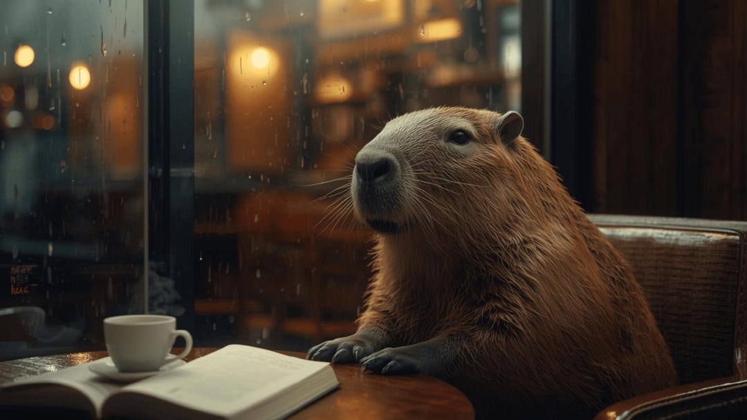 Capybara Rainy Cafe Wallpaper, Cozy Bookish Desktop Background ...