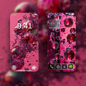 Puede incluir: Dos smartphones que muestran un fondo de pantalla abstracto y vibrante de burbujas rojas y rosas. Las pantallas de bloqueo muestran la hora 9:41 AM, viernes 22 de julio. El fondo presenta un diseño borroso similar a burbujas.