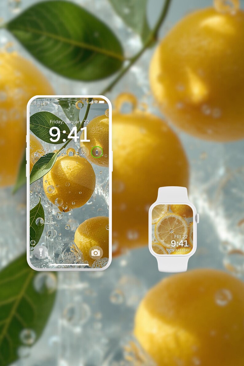 Op de afbeelding: Een witte smartphone en smartwatch tonen een citroenthema. De telefoon toont citroenen met waterdruppels en de horloge toont citroenschijfjes. De tijd is 9:41 op beide apparaten.