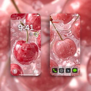 May include: Two smartphone screens displaying a cherry-themed wallpaper. The left screen shows "Friday, January 22, 9:41" with a weather icon. The right screen shows "FRIDAY 22" and app icons. The background features cherries and water droplets.