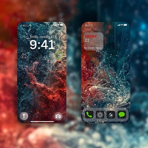 May include: Two smartphones with a colourful abstract wallpaper in red, blue, and white. The screens show the time, date, and app icons. One screen displays "Friday, January 22, 9:41". The other screen displays "FRIDAY 22, No Events Today".