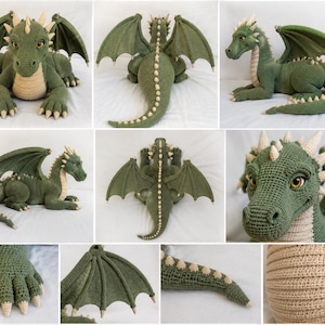 May include: A crocheted dragon plush toy featuring a green body with a cream-colored underbelly and spikes. The creature has large wings, amber eyes, and detailed clawed feet. The design includes a long tail with a row of cream spikes along the back.