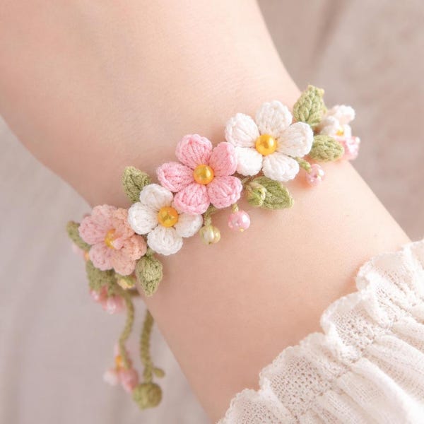 Handmade Micro-Crochet Flower Bracelet - Delicate Pastel Blossom Jewelry with Bead Accents"(Pattern)