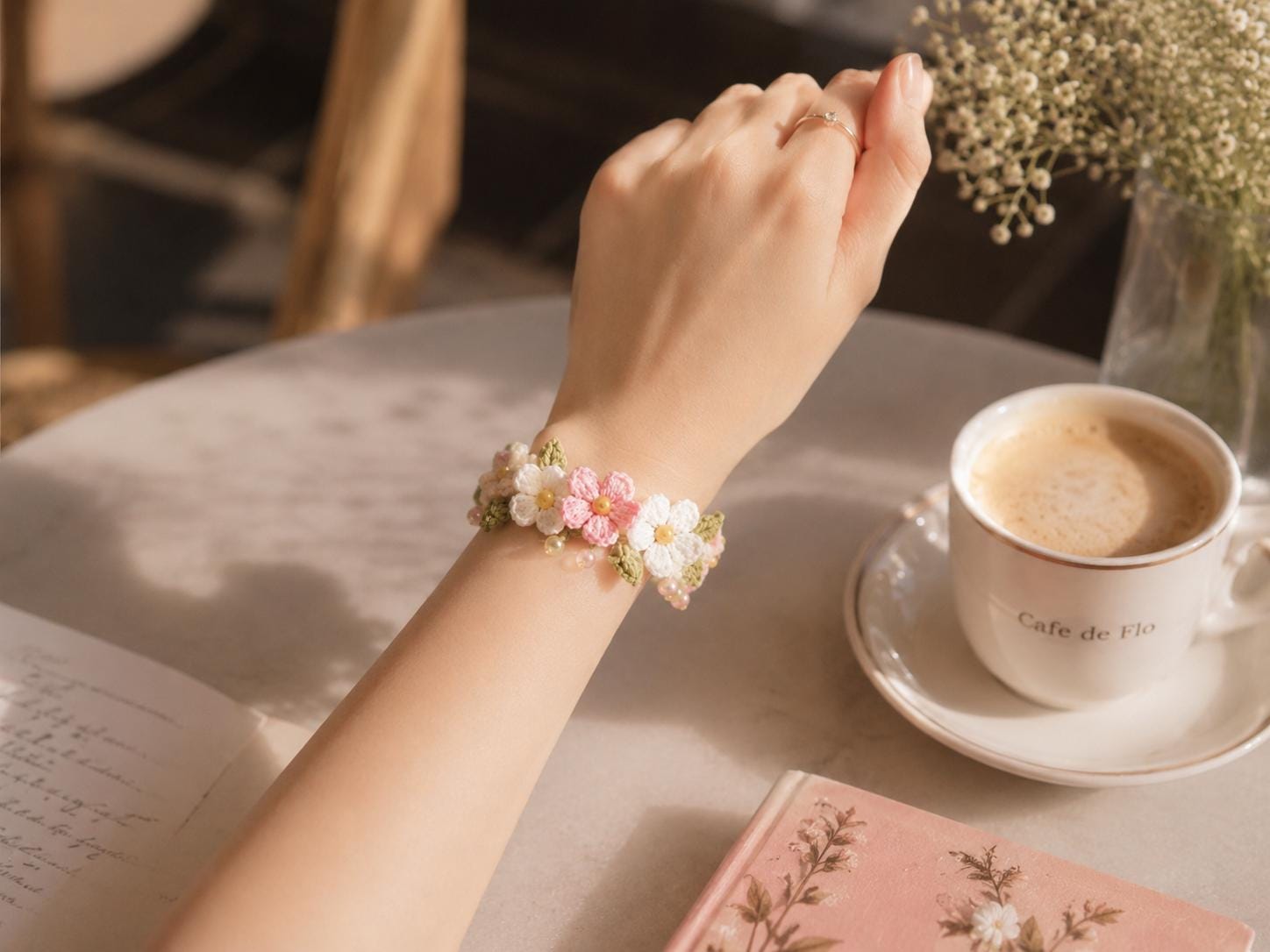 Crochet Floral Bracelet Pattern | Daisy Flower, Sage Leaves, Seed