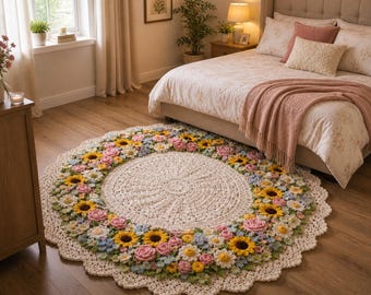 Patroon gehaakt rond vloerkleed met bloemen, zelfstudie boho-kindertapijt (pdf)