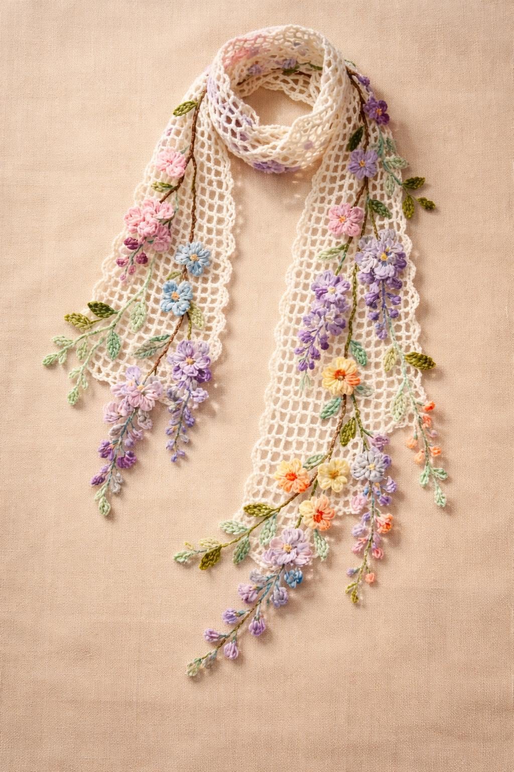 47 Hand Embroidered Floral Scarf with Wood Beads and Tassels - Blue and Pink display picture 1
