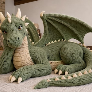 Könnte beinhalten: Ein großer, handgefertigter Häkeldrachen in Grün- und Cremetönen. Der Drache hat detaillierte Flügel, Hörner und Krallen. Der Drache liegt auf einem hellen Teppich, den Kopf auf seinen Pfoten. Ein einzigartiger, skurriler Einrichtungsgegenstand.