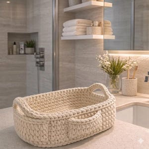 May include: A cream-colored, rectangular crochet basket with two handles on the sides and two on the ends. The basket is sitting on a light-colored countertop in a bathroom setting. The basket is empty.