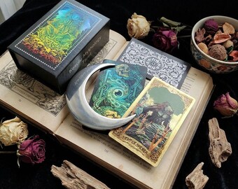 Baraja de Tarot de la Leyenda de Cthulhu / Lámina dorada / Dioses Antiguos Lovecraft / Juego de adivinación en caja de regalo magnética / Arte coleccionable premium