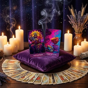 Könnte beinhalten: Eine mystische Szene mit Tarotkarten, Kerzen und einem lila Samtkissen. Zwei Karten sind zu sehen: "The Emperor" und "Three of Cups". Ein Kartendeck ist auf einer Holzoberfläche ausgebreitet, mit brennenden Kerzen und Rauch.