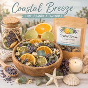 May include: A Coastal Breeze simmer pot arrangement with dried orange and lime slices, lavender, and eucalyptus in a wooden bowl. A glass jar with lavender, a candle, and a bag of simmer pot blend are also present. The text "Coastal Breeze" is at the top.