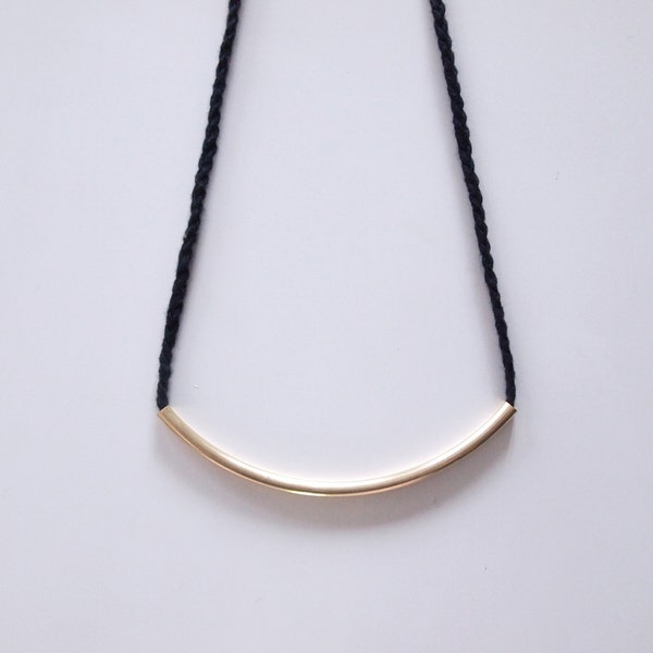 DEPOT STEPHANIE Stewart  black braided cord minimalist necklace with a long vintage brass tube