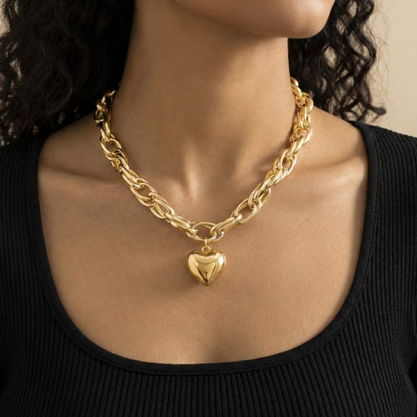 Gargantilla de corazón dorado para mujer, cadena cubana gruesa con colgante de corazón grande, joyería de moda brillante para niñas, collar con dije de plata para ella.