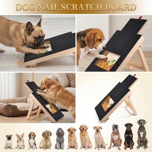 May include: Dog Nail Scratch Board. A wooden dog nail scratch board with a black scratching surface and a treat compartment. The image shows dogs interacting with the board. The text "DOG NAIL SCRATCH BOARD" is at the top of the image.