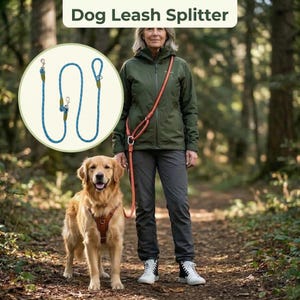 May include: A golden retriever wearing a brown harness and a woman in a green jacket and gray pants are on a forest path. The image includes a blue dog leash splitter and the text "Dog Leash Splitter".