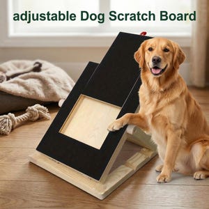 May include: An adjustable dog scratch board with a black scratching surface and a natural wood frame. The text "adjustable Dog Scratch Board" is at the top. A golden retriever dog is sitting next to the board.