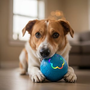May include: A dog with brown and white fur lies on the floor, holding a blue ball in its mouth. The ball features a honeycomb pattern and a colourful, glowing design. The dog looks directly at the camera, with a focused gaze.
