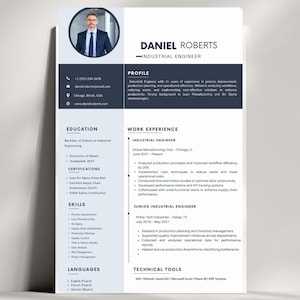 May include: A professional resume template for an industrial engineer named Daniel Roberts. The resume features a headshot, contact information, profile, education, work experience, certifications, skills, and languages. The design is clean with a white and navy blue color scheme.