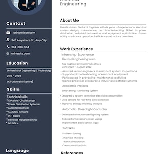 May include: A professional resume for Lorina Wilson, an Electrical Engineer. The resume includes contact information, education from the University of Engineering & Technology, skills, work experience, and references. The resume is white with black text and a headshot.