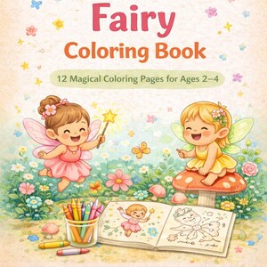 May include: A colorful children's coloring book titled "Fairy Coloring Book" with illustrations of fairies, flowers, and a mushroom. The cover text reads "12 Magical Coloring Pages for Ages 2-4". The book is labeled "Printable • Screen-Free • Instant Download".